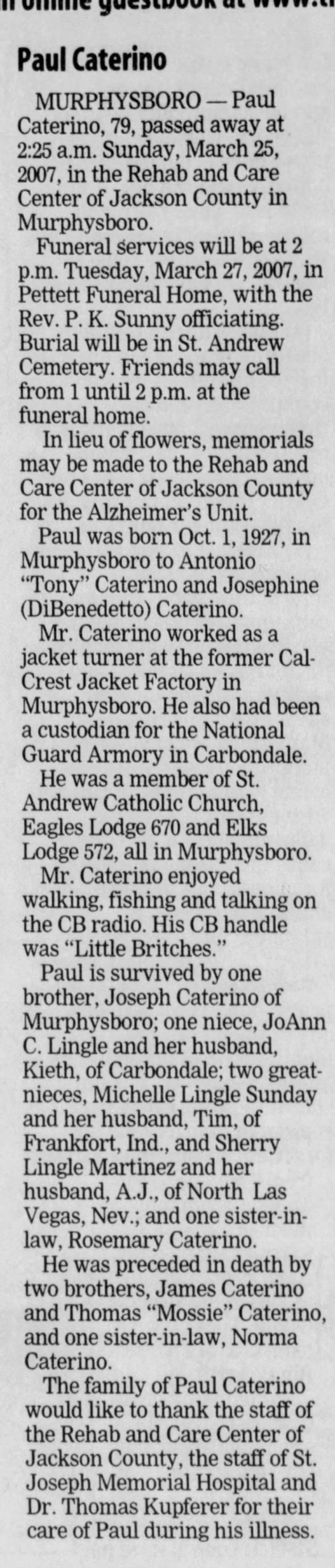 Obituary for Paul Caterino, 1927-2007 (Aged 79)